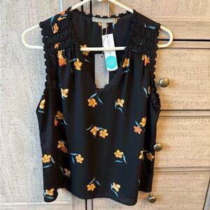 Daniel Rainn Black Sleeveless V-Neck Camisole with Yellow Floral Print